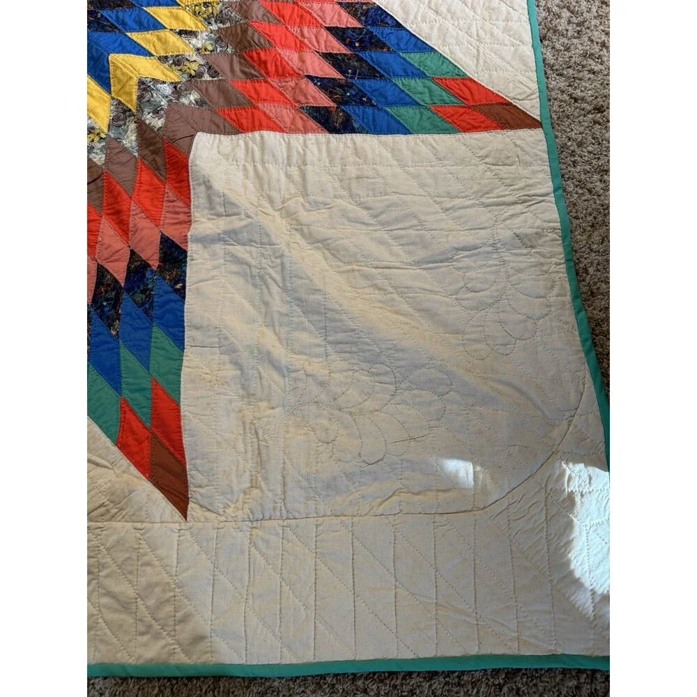 Vintage Handmade Lone Star Scrap Quilt Large Center Medallion Teal Border